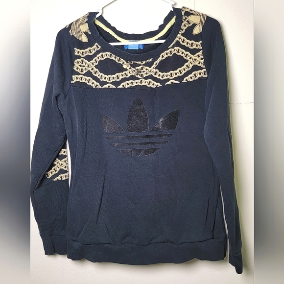Women's Adidas Trefoil Black and Gold Chain Print Sweatshirt, Size Medium - Picture 1 of 5